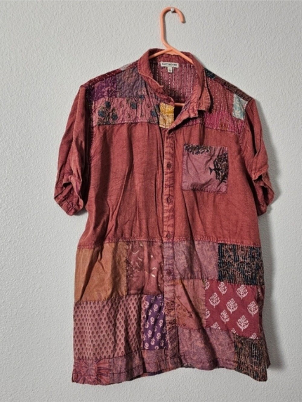 EARTHBOUND Patchwork Short-Sleeve Button-Up in Rust and Purple Sz L